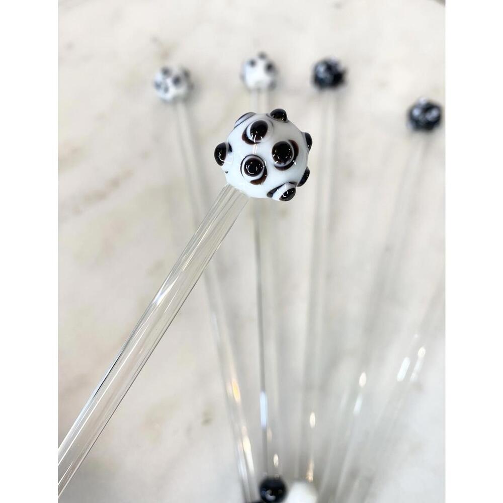 Glass Swizzle Sticks Spoon Straw B&W Cocktail Stir Barware Set of 6 Handmade Art